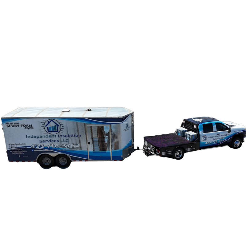 Independent Insulation branded truck and spray foam trailer
